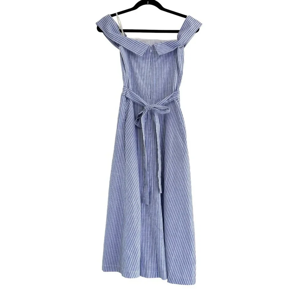 J.O.A. Los Angeles Blue Stripe Classic Off Shoulder Midi Dress Belted Size S - Picture 3 of 7